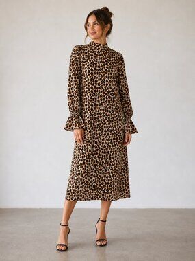 Vivetta Cheetah Long sleeve Mock Neck Midi Dress Size Small